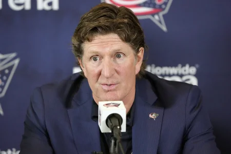Jul 1, 2023; Columbus, OH, USA; New Columbus Blue Jackets head coach Mike Babcock speaks to the media after being named the ninth Blue Jackets head coach during a press conference at Nationwide Arena.