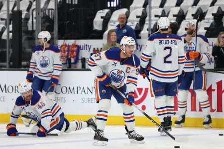 Mar 24, 2026; Salt Lake City, Utah, USA; Edmonton Oilers center Connor McDavid (97) warms up before a game against the Utah Mammoth at Delta Center.