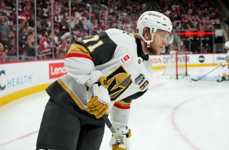 Jun 11, 2026; Raleigh, North Carolina, USA; Vegas Golden Knights center William Karlsson (71) warms up before game five of the 2026 Stanley Cup Final against the Carolina Hurricanes at Lenovo Center.
