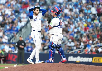 Jun 22, 2026; Toronto, Ontario, CAN; Toronto Blue Jays starting pitcher Dylan Cease (84) talks with catcher Alejandro Kirk (30) against the Houston Astros during the first inning at Rogers Centre. Jun 22, 2026; Toronto, Ontario, CAN; Toronto Blue Jays starting pitcher Dylan Cease (84) talks with catcher Alejandro Kirk (30) against the Houston Astros during the first inning at Rogers Centre.