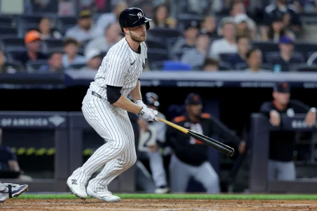 Sep 11, 2025; Bronx, New York, USA; New York Yankees left fielder Austin Slater (29) watches his RBI single against the Detroit Tigers during the fourth inning at Yankee Stadium. Sep 11, 2025; Bronx, New York, USA; New York Yankees left fielder Austin Slater (29) watches his RBI single against the Detroit Tigers during the fourth inning at Yankee Stadium.