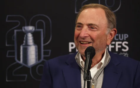 Apr 20, 2026; Pittsburgh, Pennsylvania, USA; National Hockey League Commissioner Gary Bettman speaks at a press conference before the Pittsburgh Penguins host the Philadelphia Flyers in game two of the first round of the 2026 Stanley Cup Playoffs at PPG Paints Arena. Mandatory Credit: Charles LeClaire-Imagn Images
