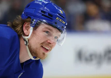 Mar 14, 2026; Buffalo, New York, USA; Buffalo Sabres defenseman Bowen Byram (4) during a stoppage in play against the Toronto Maple Leafs at KeyBank Center. Mandatory Credit: Timothy T. Ludwig-Imagn Images