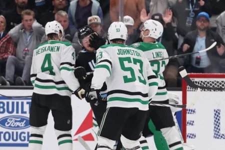 Dec 23, 2024; Salt Lake City, Utah, USA; Utah Hockey Club center Barrett Hayton (27) and Dallas Stars defenseman Esa Lindell (23) fight during the third period at Delta Center. Dec 23, 2024; Salt Lake City, Utah, USA; Utah Hockey Club center Barrett Hayton (27) and Dallas Stars defenseman Esa Lindell (23) fight during the third period at Delta Center.