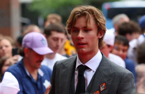 Jun 26, 2026; Buffalo, New York, USA; NHL prospect Gavin McKenna before the first round of the 2026 NHL Draft at KeyBank Center. Mandatory Credit: Timothy T. Ludwig-Imagn Images