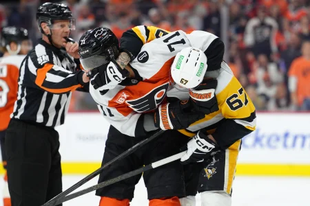 Apr 29, 2026; Philadelphia, Pennsylvania, USA; Philadelphia Flyers right wing Tyson Foerster (71) grapples with Pittsburgh Penguins right wing Rickard Rakell (67) in the first period in game six of the first round of the 2026 Stanley Cup Playoffs at Xfinity Mobile Arena. Apr 29, 2026; Philadelphia, Pennsylvania, USA; Philadelphia Flyers right wing Tyson Foerster (71) grapples with Pittsburgh Penguins right wing Rickard Rakell (67) in the first period in game six of the first round of the 2026 Stanley Cup Playoffs at Xfinity Mobile Arena.