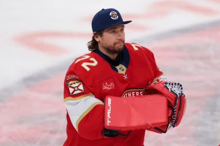 Apr 15, 2026; Sunrise, Florida, USA; Florida Panthers goaltender Sergei Bobrovsky (72) acknowledges the fans after the game against the Detroit Red Wings at Amerant Bank Arena. Mandatory Credit: Sam Navarro-Imagn Images