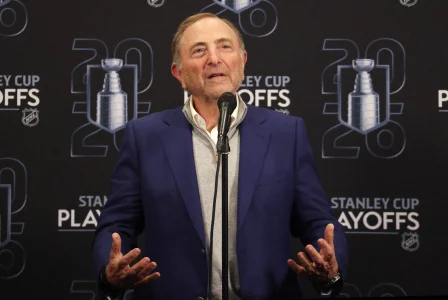 Apr 20, 2026; Pittsburgh, Pennsylvania, USA; National Hockey League Commissioner Gary Bettman speaks at a press conference before the Pittsburgh Penguins host the Philadelphia Flyers in game two of the first round of the 2026 Stanley Cup Playoffs at PPG Paints Arena.