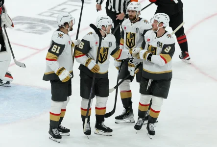 Jun 11, 2026; Raleigh, North Carolina, USA; Vegas Golden Knights right wing Pavel Dorofeyev (16) celebrates with teammates after scoring during the third period against the Carolina Hurricanes in game five of the 2026 Stanley Cup Final at Lenovo Center.