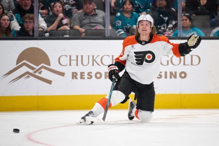 Mar 21, 2026; San Jose, California, USA; Philadelphia Flyers center Trevor Zegras (46) reacts after being called for a penalty against the San Jose Sharks during the third period at SAP Center at San Jose.