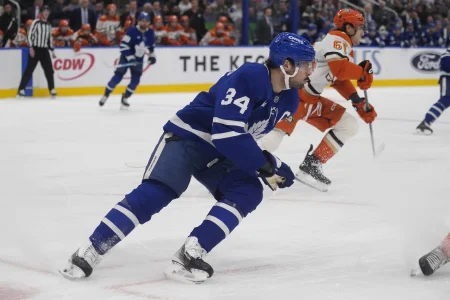 Mar 12, 2026; Toronto, Ontario, CAN; Toronto Maple Leafs forward Auston Matthews (34) skates against the Anaheim Ducks during the first period at Scotiabank Arena.