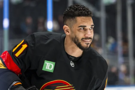 Mar 2, 2026; Vancouver, British Columbia, CAN; Vancouver Canucks forward Evander Kane (91) skates in warm up prior to a game against the Dallas Stars at Rogers Arena.