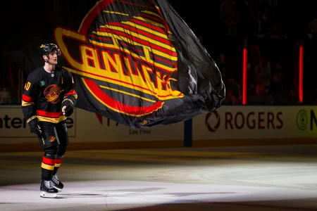 Mar 17, 2026; Vancouver, British Columbia, CAN; Vancouver Canucks forward Elias Pettersson (40) skates out as the games first star against the Florida Panthers at Rogers Arena.