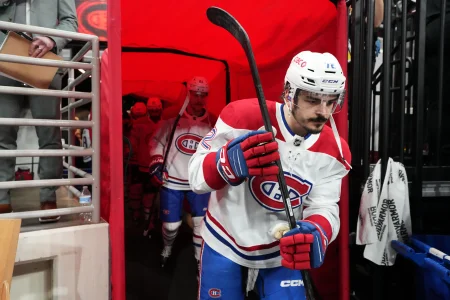 May 29, 2026; Raleigh, North Carolina, USA; Montreal Canadiens defenseman Arber Xhekaj (72) walks to the ice for warmups before game five of the Eastern Conference Final of the 2026 Stanley Cup Playoffs against the Carolina Hurricanes at Lenovo Center.