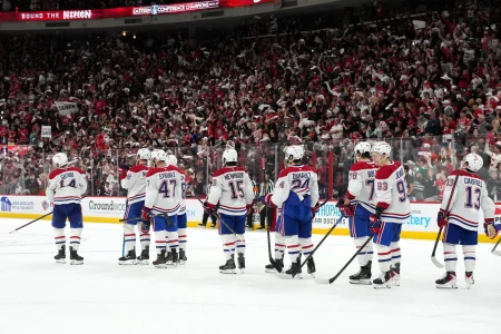 May 29, 2026; Raleigh, North Carolina, USA; Montreal Canadiens players wait in the handshake line after losing to the Carolina Hurricanes in game five of the Eastern Conference Final of the 2026 Stanley Cup Playoffs at Lenovo Center. May 29, 2026; Raleigh, North Carolina, USA; Montreal Canadiens players wait in the handshake line after losing to the Carolina Hurricanes in game five of the Eastern Conference Final of the 2026 Stanley Cup Playoffs at Lenovo Center.