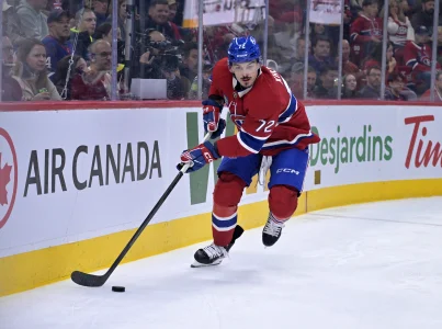 Oct 20, 2025; Montreal, Quebec, CAN; Montreal Canadiens defenseman Arber Xhekaj (72) plays the puck during the second period of the game against the Buffalo Sabres at the Bell Centre. Oct 20, 2025; Montreal, Quebec, CAN; Montreal Canadiens defenseman Arber Xhekaj (72) plays the puck during the second period of the game against the Buffalo Sabres at the Bell Centre.