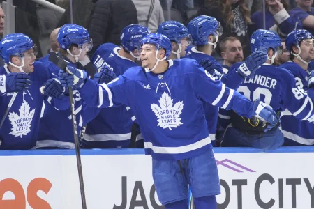 Mar 25, 2026; Toronto, Ontario, CAN; Toronto Maple Leafs forward Dakota Joshua (81) celebrates his goal against the New York Rangers during the second period at Scotiabank Arena. Mandatory Credit: John E. Sokolowski-Imagn Images