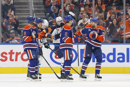 Sep 19, 2026; Edmonton, Alberta, CAN; The Edmonton Oilers celebrate a goal scored by forward Leon Draisaitl (29) during the first period against the at Rogers Place. Mandatory Credit: Perry Nelson-Imagn Images