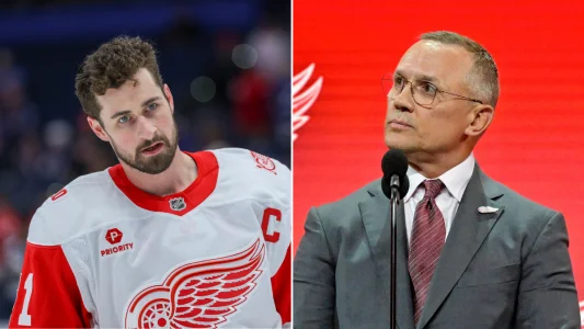 Jul 7, 2022; Montreal, Quebec, CANADA; Detroit Red Wings general manager Steve Yzerman announces Marco Kasper (not pictured) as the number eight overall pick to the Detroit Red Wings in the first round of the 2022 NHL Draft at Bell Centre. Apr 13, 2026; Tampa, Florida, USA; Detroit Red Wings center Dylan Larkin (71) warms up before a game against the Tampa Bay Lightning at Benchmark International Arena.