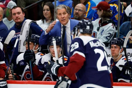 Apr 5, 2026; Denver, Colorado, USA; Colorado Avalanche head coach Jared Bednar on the bench in the first period against the St. Louis Blues at Ball Arena. : I