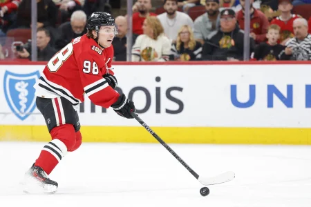 Apr 13, 2026; Chicago, Illinois, USA; Chicago Blackhawks center Connor Bedard (98) looks to pass the puck against the Buffalo Sabres during the first period at United Center