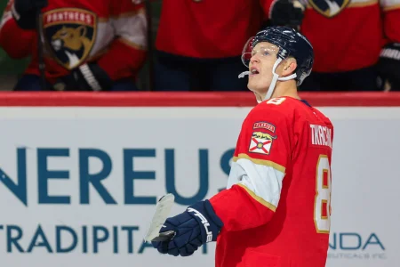 Oct 15, 2026; Sunrise, Florida, USA; Florida Panthers left wing Brady Tkachuk (8) looks on after scoring against the Vancouver Canucks during the third period at Amerant Bank Arena.