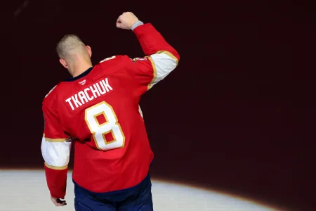 Oct 15, 2026; Sunrise, Florida, USA; Florida Panthers left wing Brady Tkachuk (8) celebrates after the game agains the Vancouver Canucks at Amerant Bank Arena.