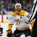Jan 16, 2026; Denver, Colorado, USA; Nashville Predators center Ryan O\'Reilly (90) reacts to getting kicked out of the face-off in the third period against the Nashville Predators at Ball Arena.