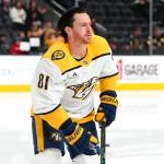 Jan 17, 2026; Las Vegas, Nevada, USA; Nashville Predators center Jonathan Marchessault (81) warms up before a game against the Vegas Golden Knights at T-Mobile Arena. Mandatory Credit: Stephen R. Sylvanie-Imagn Images