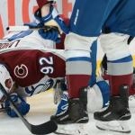 Jan 4, 2026; Sunrise, Florida, USA; Colorado Avalanche left wing Gabriel Landeskog (92) reacts after crashing against the goal post during the second period against the Florida Panthers at Amerant Bank Arena.