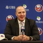 Nov 22, 2025; Elmont, New York, USA; New York Islanders General Manager Mathieu Darche speaks with fans at a pre-game event prior to the game against the St. Louis Blues at UBS Arena.