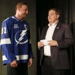 Jan 27, 2018; Tampa, FL, USA; Tampa Bay Lighting forward Steven Stamkos (91) and owner Jeff Vinik talk prior to the 2018 NHL All Star Game skills competition at Amalie Arena.