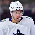 Oct 15, 2022; Philadelphia, Pennsylvania, USA; Vancouver Canucks defenseman Tucker Poolman (5) looks on against the Philadelphia Flyers in the first period at Wells Fargo Center.