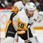 Jan 25, 2026; Vancouver, British Columbia, CAN; Pittsburgh Penguins defenseman Kris Letang (58) during a stop in play against the Vancouver Canucks in the second period at Rogers Arena.
