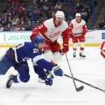 Apr 11, 2025; Tampa, Florida, USA; Tampa Bay Lightning left wing Nick Paul (20), Detroit Red Wings defenseman Justin Holl (3) and Detroit Red Wings center Tyler Motte (14) skate after the puck during the first period at Amalie Arena.