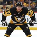 Jan 31, 2026; Pittsburgh, Pennsylvania, USA; Pittsburgh Penguins center Sidney Crosby (87) prepares to take a face-off against the New York Rangers during the third period at PPG Paints Arena.