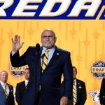 Jun 28, 2023; Nashville, Tennessee, USA; Nashville Predators incoming general manager Barry Trotz announces the twenty fourth pick in round one of the 2023 NHL Draft at Bridgestone Arena.