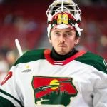 Iowa Wild goalie Cal Petersen (40) looks on during warm ups before a game against Tucson on Nov. 1, 2025, at Casey#8217;s Center in downtown Des Moines.