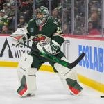 Apr 9, 2025; Saint Paul, Minnesota, USA; Minnesota Wild goalie Marc-Andre Fleury (29) sets up the puck behind his net against the San Jose Sharks during the second period at Xcel Energy Center.