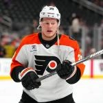 Jan 19, 2026; Las Vegas, Nevada, USA; Philadelphia Flyers right wing Matvei Michkov (39) warms up before a game against the Vegas Golden Knights at T-Mobile Arena.