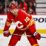 Jan 23, 2026; Calgary, Alberta, CAN; Calgary Flames left wing Jonathan Huberdeau (10) against the Washington Capitals during the second period at Scotiabank Saddledome.