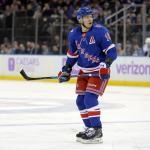 Jan 5, 2026; New York, New York, USA; New York Rangers left wing Artemi Panarin (10) skates against the Utah Mammoth during the second period at Madison Square Garden.