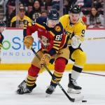 Feb 4, 2026; Sunrise, Florida, USA; Florida Panthers left wing Sandis Vilmanis (95) moves the puck against Boston Bruins defenseman Nikita Zadorov (91) during the first period at Amerant Bank Arena.