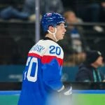 Feb 21, 2026; Milan, Italy; Juraj Slafkovsky (20) of Slovakia reacts after the game against Finland in the men\'s ice hockey bronze medal game during the Milano Cortina 2026 Olympic Winter Games at Milano Santagiulia Ice Hockey Arena.