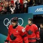 Feb 18, 2026; Milan, Italy; Sidney Crosby of Canada walks out to the ice before a men\'s ice hockey quarterfinal during the Milano Cortina 2026 Olympic Winter Games at Milano Santagiulia Ice Hockey Arena.