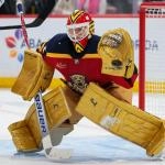 Feb 4, 2026; Sunrise, Florida, USA; Florida Panthers goaltender Sergei Bobrovsky (72) makes a save against the Boston Bruins during the second period at Amerant Bank Arena.