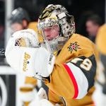 Jan 8, 2026; Las Vegas, Nevada, USA; Vegas Golden Knights goaltender Carter Hart (79) warms up before a game against the Columbus Blue Jackets at T-Mobile Arena.