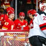 Jan 19, 2026; Calgary, Alberta, CAN; Calgary Flames center Nazem Kadri (91) celebrates his goal with teammates against the New Jersey Devils during the second period at Scotiabank Saddledome. Mandatory Credit: Sergei Belski-Imagn Images