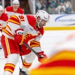 Feb 26, 2026; San Jose, California, USA; Calgary Flames center Nazem Kadri (91) takes a faceoff during the second period against the San Jose Sharks at SAP Center at San Jose.