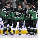 Nov 28, 2025; Dallas, Texas, USA; Dallas Stars center Roope Hintz (24) and left wing Jason Robertson (21) and defenseman Vladislav Kolyachonok (44) one defenseman Kyle Capobianco (20) and center Tyler Seguin (91) celebrates a goal scored by Robertson against the Utah Mammoth during the second period at the American Airlines Center. Mandatory Credit: Jerome Miron-Imagn Images